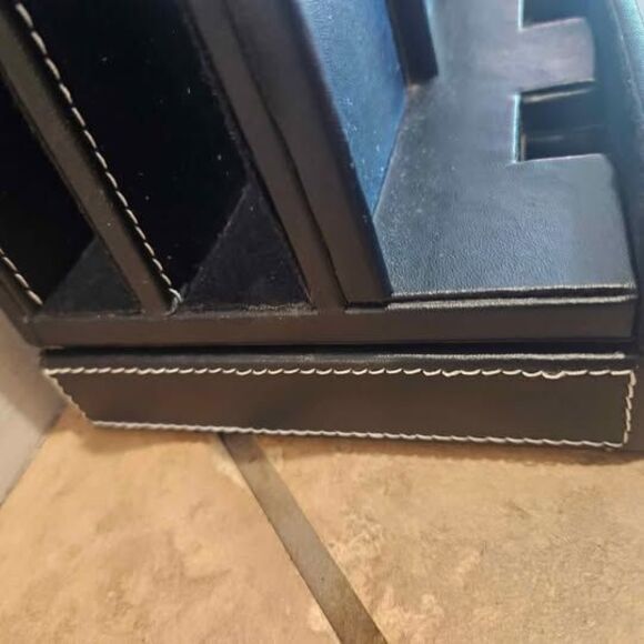Black Leather File Folder Organizer Charging Station Letter Holder 12"x9"x10" - Picture 5 of 9